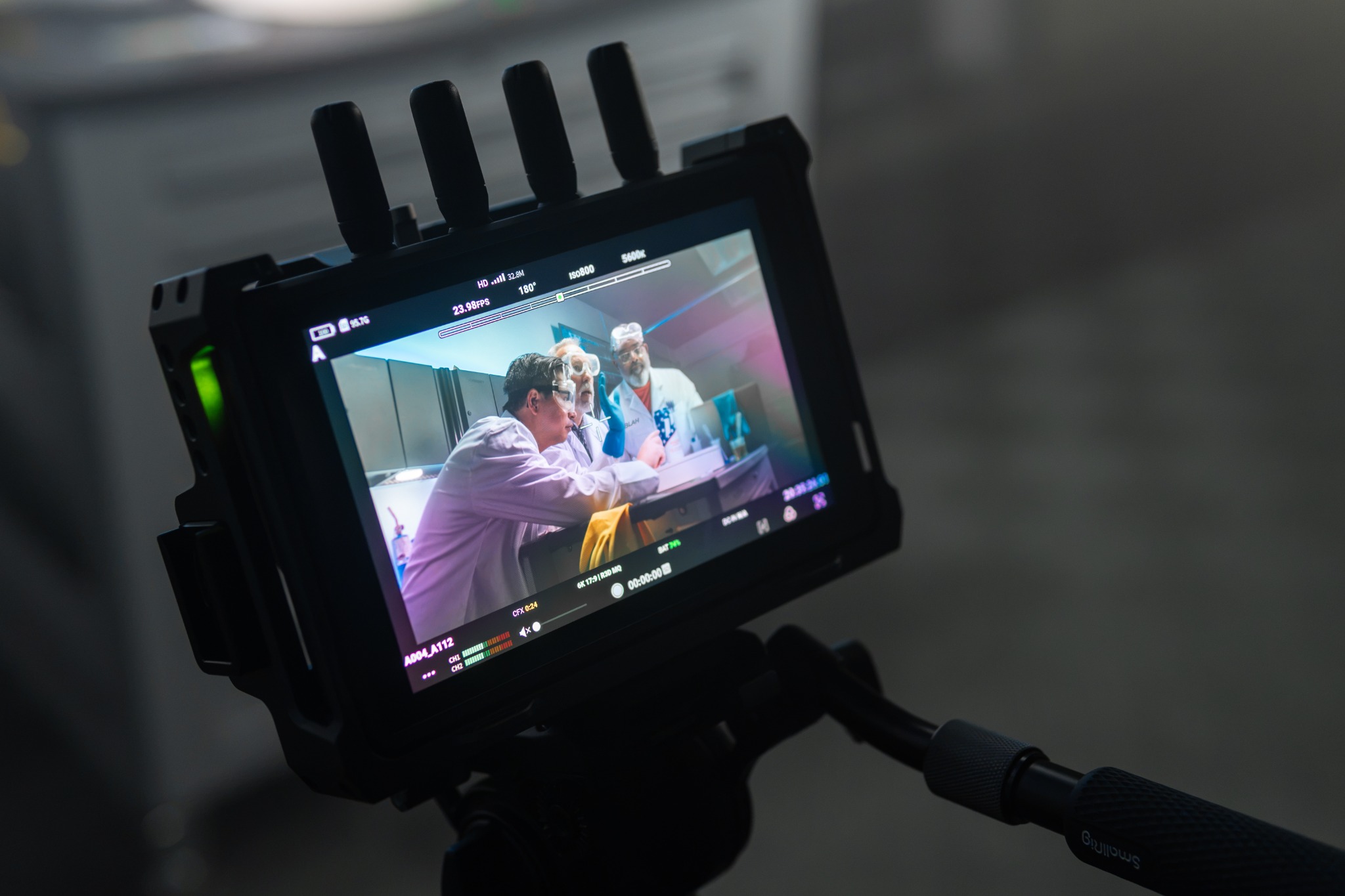 Production monitor showing a laboratory scene
